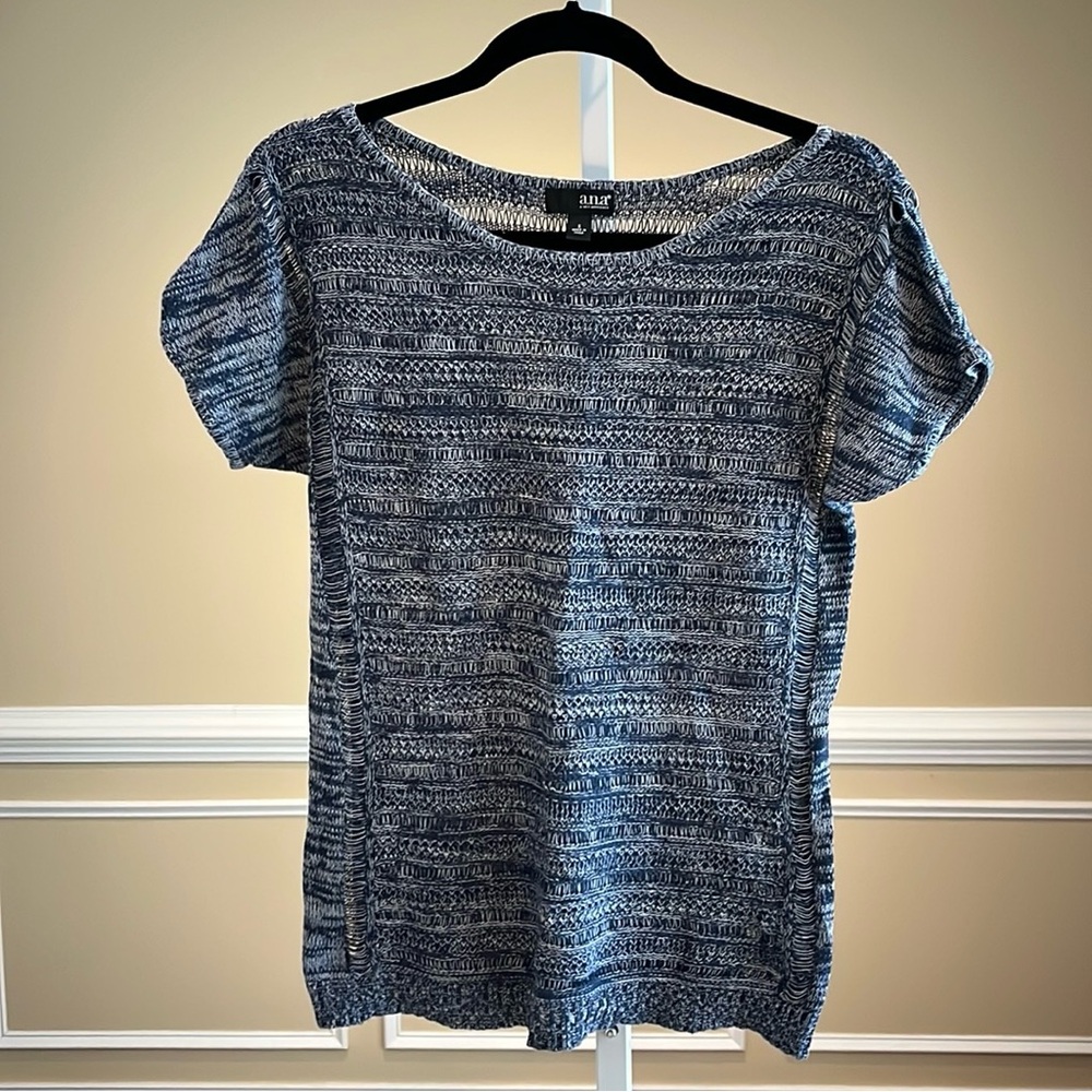 A.N.A. Blue and White Short Sleeve Open Knit Scoop Neck Sweater Size S